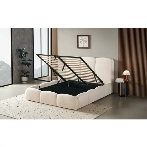 Pat Tapitat cu Somiera Rabatabila Emma, 160x200 cm,  Boucle, Crem picture - 3