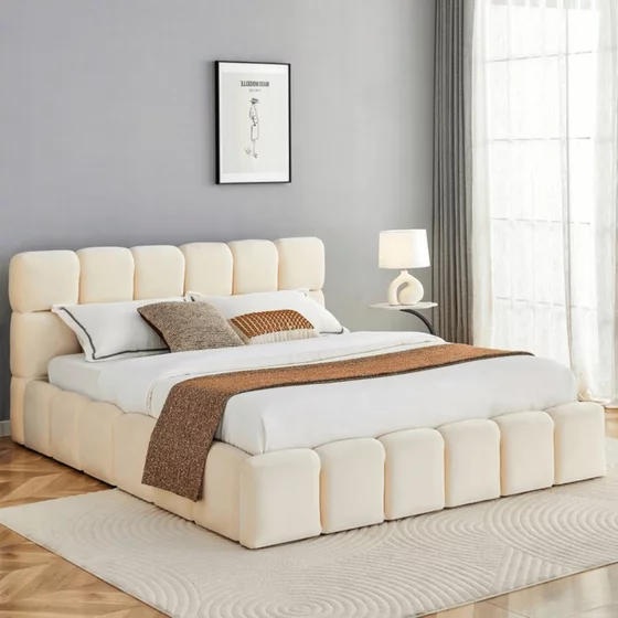 Pat Tapitat cu Somiera Rabatabila Murcia, 160x200 cm, Catifea, Crem picture - 1
