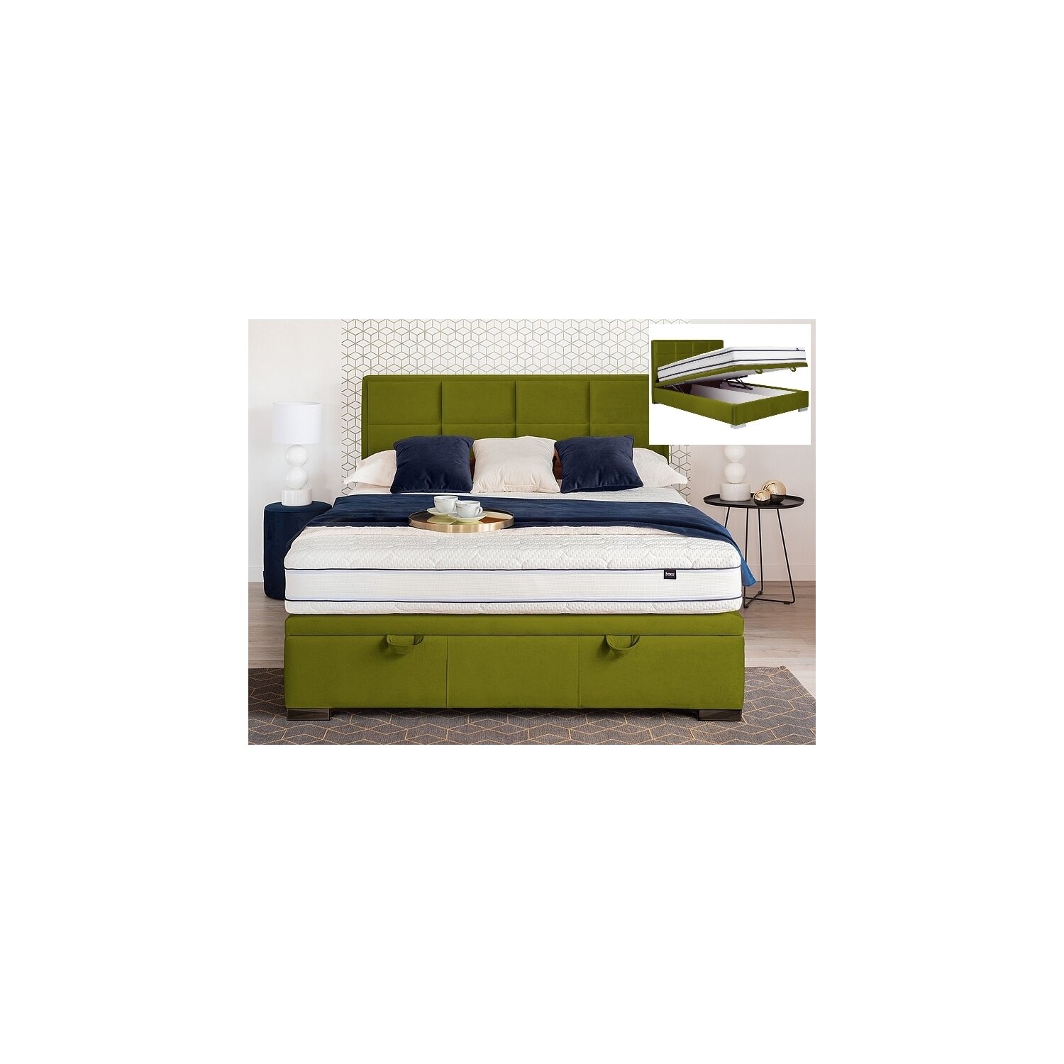 Pat tapitat cu spatiu de depozitare maison velvet green 160x200