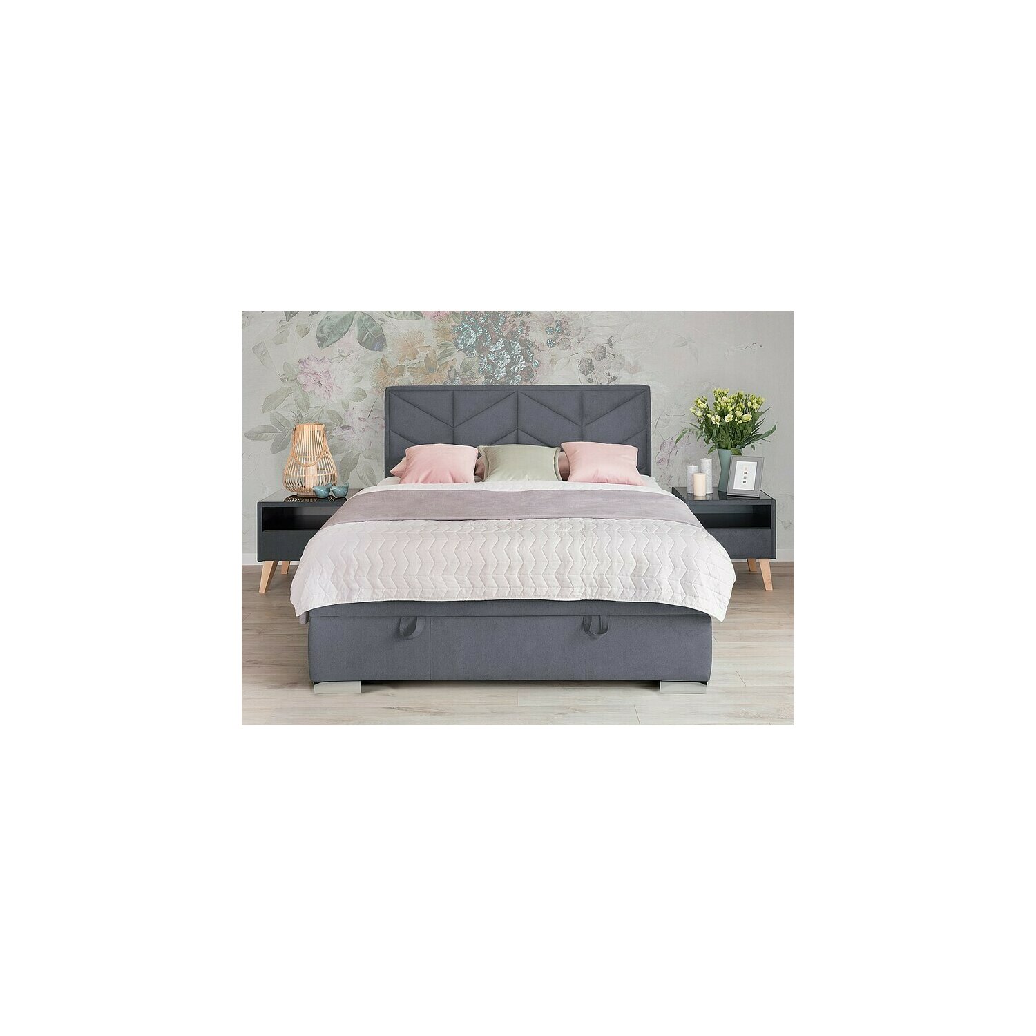 Pat tapitat cu spatiu de depozitare morena velvet grey 160x200