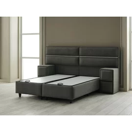 Pat Tapitat cu Spatiu Depozitare, Sistem de lluminat si Noptiere, Amelya 180x200 cm, Stofa Antracit