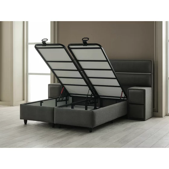 Pat Tapitat cu Spatiu Depozitare, Sistem de lluminat si Noptiere, Amelya 180x200 cm, Stofa Antracit picture - 2