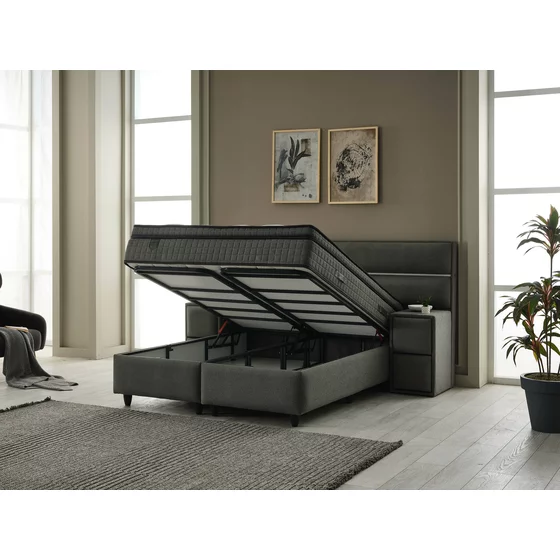 Pat Tapitat cu Spatiu Depozitare, Sistem de lluminat si Noptiere, Amelya 180x200 cm, Stofa Antracit picture - 4