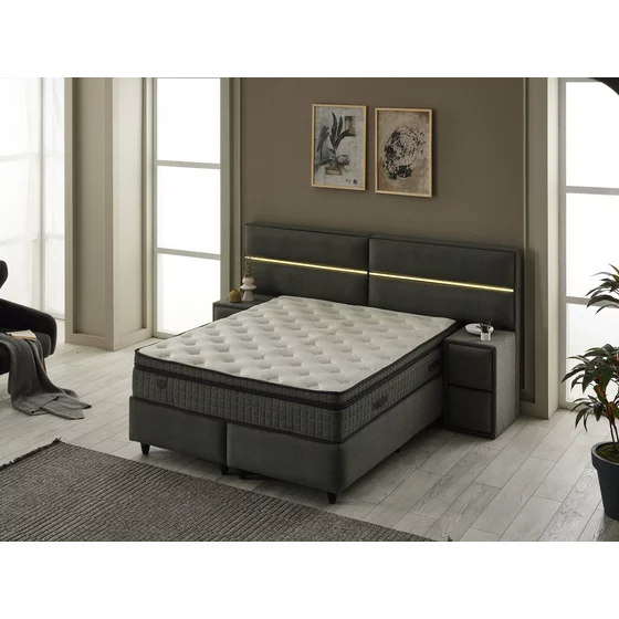 Pat Tapitat cu Spatiu Depozitare, Sistem de lluminat si Noptiere, Amelya 180x200 cm, Stofa Antracit picture - 5