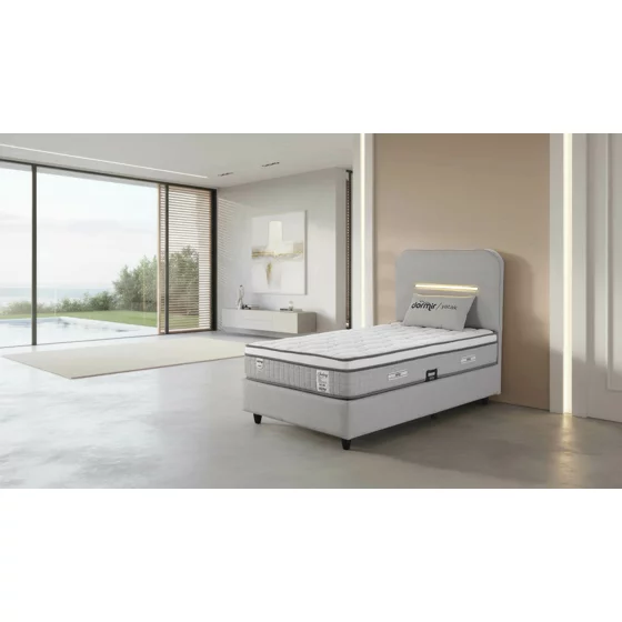 Pat Tapitat Galaxy, Spatiu De Depozitare, Sistem de iluminat integrat in capatai, 90x200 cm, Stofa - Gri Deschis picture - 1