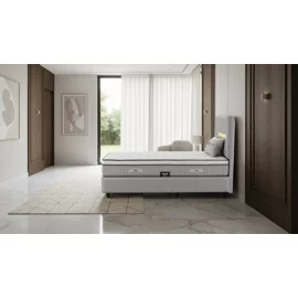 Pat Tapitat Galaxy, Spatiu De Depozitare, Sistem de iluminat integrat in capatai, 90x200 cm, Stofa - Gri Deschis