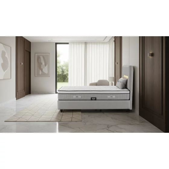 Pat Tapitat Galaxy, Spatiu De Depozitare, Sistem de iluminat integrat in capatai, 90x200 cm, Stofa - Gri Deschis picture - 2