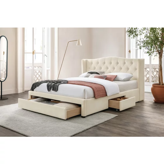 Pat Tapitat Marlo, Stil Chesterfield, 180x200 cm, Catifea Beige Deschis picture - 1