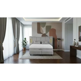 Pat Tapitat Monaco, Spatiu De Depozitare, Sistem de iluminat integrat in capatai, 160x200 cm, Stofa - Gri