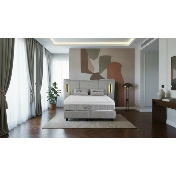 Pat Tapitat Monaco, Spatiu De Depozitare, Sistem de iluminat integrat in capatai, 160x200 cm, Stofa - Gri picture - 1