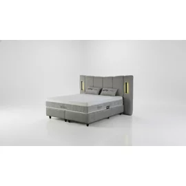 Pat Tapitat Monaco, Spatiu De Depozitare, Sistem de iluminat integrat in capatai, 180x200 cm, Stofa - Gri