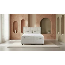 Pat Tapitat Pandora, Spatiu De Depozitare, Sistem de iluminat integrat in capatai, 180x200 cm, Stofa - Crem