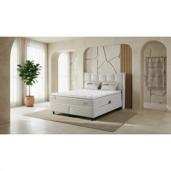 Pat Tapitat Pandora, Spatiu De Depozitare, Sistem de iluminat integrat in capatai, 180x200 cm, Stofa - Crem picture - 3