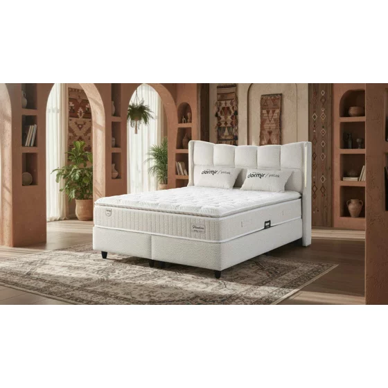 Pat Tapitat Pandora, Spatiu De Depozitare, Sistem de iluminat integrat in capatai, 180x200 cm, Stofa - Crem picture - 1