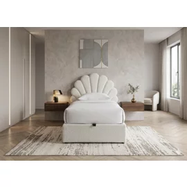 Pat Tapitat Petra, Somiera Rabatabila, 90x200 cm, Stofa Tip Boucle Crem