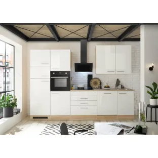 Bucatarie Lorena, 310x60x211 h cm, Pal Melaminat si MDF High Gloss, Stejar Sonoma/Alb Lucios