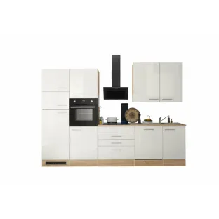 Bucatarie Lorena, 310x60x211 h cm, Pal Melaminat si MDF High Gloss, Stejar Sonoma/Alb Lucios