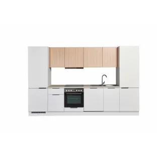 Bucatarie Makati 340x60x215 h cm, Pal Melaminat, Alb Mat/Stejar