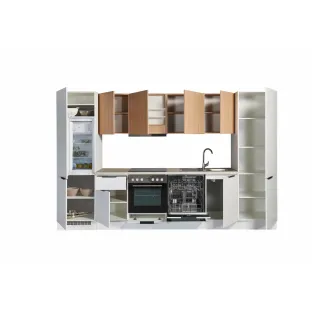Bucatarie Makati 340x60x215 h cm, Pal Melaminat, Alb Mat/Stejar