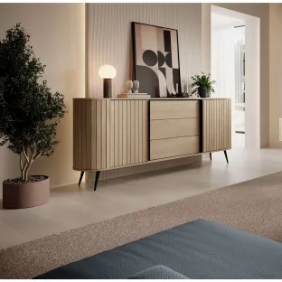 Comoda 2 Usi + 3 Sertare, Lovi 196-2D3S, 196x40.2x81.8 h cm, Front Riflaj, Stejar Cremona