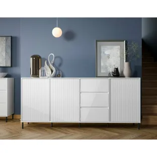 Comoda Avenale AVEK02, 3 Usi + 3 Sertare, 212x40x91.6 h cm, Pal Melaminat/MDF, Alb Alpin/Alb Lucios