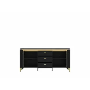Comoda TV Norica LAZF01, 2 Usi + 3 Sertare, 155.3x40x70 h cm, Pal Melaminat/MDF, Negru/Auriu