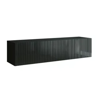 Comoda TV Suspendata Joy, 150x38x35 cm, Pal Melaminat, Front MDF cu Riflaj, Negru Lucios