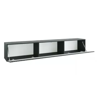 Comoda TV Suspendata Joy, 200x38x35 cm, Pal Melaminat, Front MDF cu Riflaj, Negru Lucios