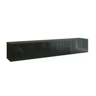 Comoda TV Suspendata Joy, 200x38x35 cm, Pal Melaminat, Front MDF cu Riflaj, Negru Lucios