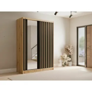Dulap Aluna Cu Usi Glisante Si Decor Tip Riflaj, 155x62x215 h cm, Pal Melaminat, Stejar Artisan/Negru