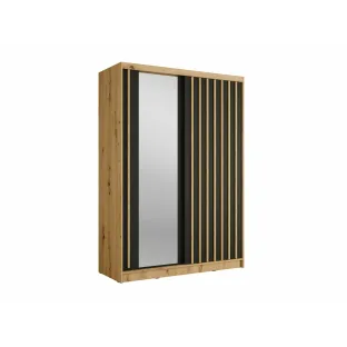 Dulap Aluna Cu Usi Glisante Si Decor Tip Riflaj, 155x62x215 h cm, Pal Melaminat, Stejar Artisan/Negru