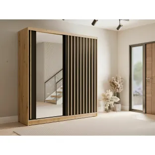 Dulap Aluna Cu Usi Glisante Si Decor Tip Riflaj, 205x62x215 h cm, Pal Melaminat, Stejar Artisan/Negru
