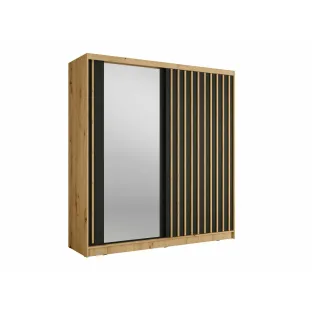 Dulap Aluna Cu Usi Glisante Si Decor Tip Riflaj, 205x62x215 h cm, Pal Melaminat, Stejar Artisan/Negru