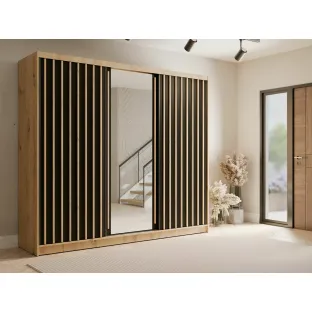 Dulap Aluna Cu Usi Glisante Si Decor Tip Riflaj, 245x62x215 h cm, Pal Melaminat, Stejar Artisan/Negru