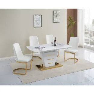 Masa Extensibila Casemira, 160-200x90x75 cm, MDF/Sticla, Insertii aurii mate, Alb/Alb Ceramic