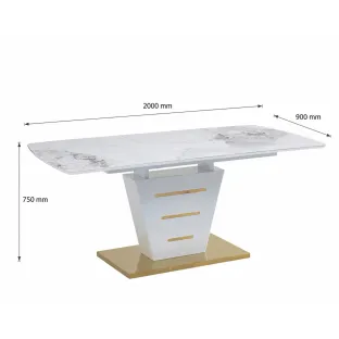 Masa Extensibila Casemira, 160-200x90x75 cm, MDF/Sticla, Insertii aurii mate, Alb/Alb Ceramic