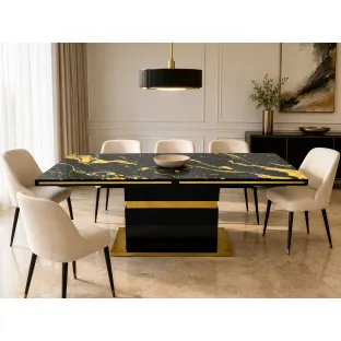 Masa Extensibila Gliss, 160-200x90x75 cm, MDF/Sticla, Negru/Negru-Auriu