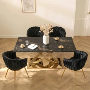 Masa Extensibila Inegol 160-240x90x77.5 h cm,  Blat Ceramic - Auriu/Negru Marmura
