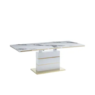 Masa Extensibila Miramar, 160-200x90x75 cm, MDF/Sticla, Insertii Aurii, Alb/Alb Ceramic