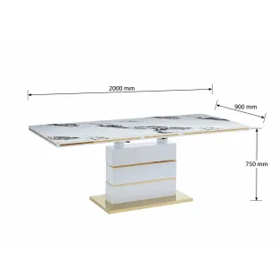 Masa Extensibila Miramar, 160-200x90x75 cm, MDF/Sticla, Insertii Aurii, Alb/Alb Ceramic