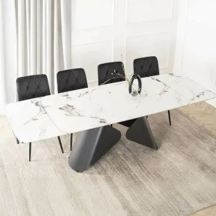 Masa Extensibila Vasai 160-240-x90x77 cm, Metal/Ceramica, Negru/Alb Marmura