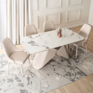 Masa Extensibila Vasai 160-240-x90x77 cm, Metal/Ceramica, Casmir/Alb Marmura