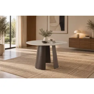 Masă rotundă RUEL Ø120 × 75 cm – blat bej si baza metalica maro