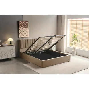 Pat Tapitat cu Somiera Rabatabila Casablanca, 140/200 cm, Stofa Catifea Beige