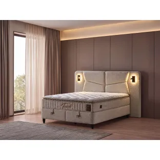 Pat Tapitat Touch Plus cu Somieră Rabatabilă și Iluminare LED + Saltea Tocuh, 180×200 cm, Beige