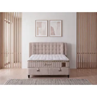 Pat Tapitat Zenith cu Somieră Rabatabilă + Saltea Zenith, 180×200 cm, Beige