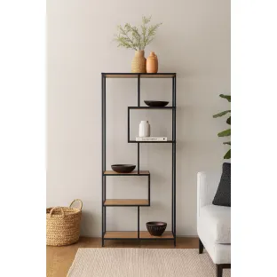 Raft Pentru Carti si Decoratiuni Arcana 400175, 77x35x185 h cm, Metal/Pal Melaminat, Negru/Stejar
