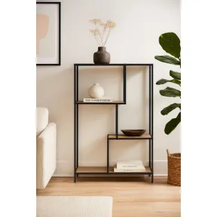 Raft Pentru Carti si Decoratiuni Arcana 400875, 77x35x114 h cm, Metal/Pal Melaminat, Negru/Stejar