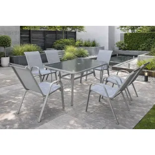 Set de Gradina/Terasa Format din 6 Scaune Semper 54.5x72x91 cm  + Masa Stilla, 150x90x70 cm, Metal+Textilen, Camel
