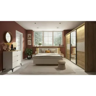 Set Dormitor Glamour, Dulap 3 Usi Glisante 280x60.5x215 cm, Pat  160x200 cm, 2 noptiere - 50x42x98 cm, Comoda 3 Sertare -85x41.5x90 cm, Pal Laminat, Stejar Mauvella/Casmir